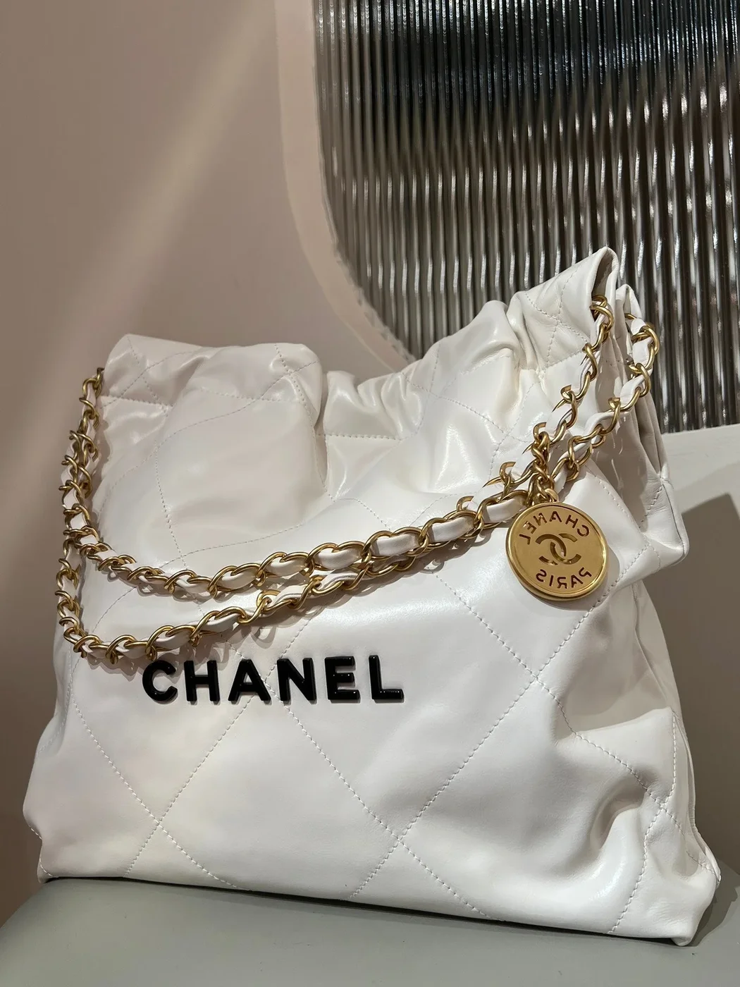 Chanel 22 Bag Small White Lambskin Leather product view 3
