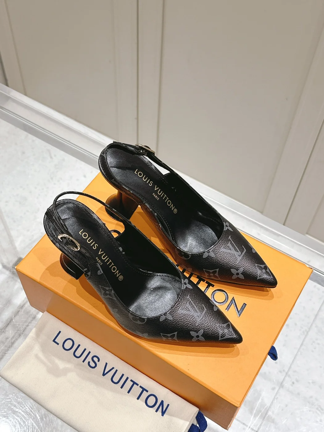 Louis Vuitton Women Black Patterned Leather Heels product view 2