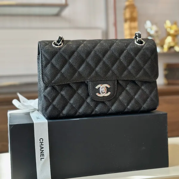 Chanel Classic Handbags Woman’s Black Leather Lock Silver 23 cm product view 1