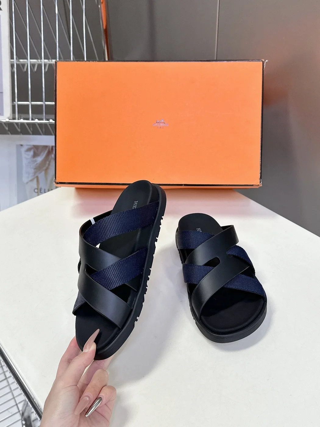 Hermès Women Navy Blue Leather And Fabric Sandals product view 5