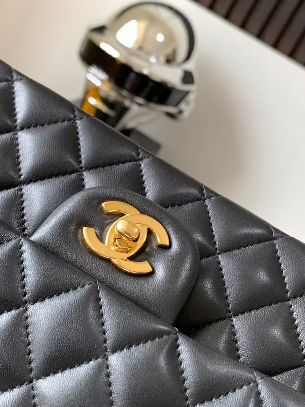 Chanel Charm Handbag Sheepskin Black Lock Gold 25x16x7cm product view 6