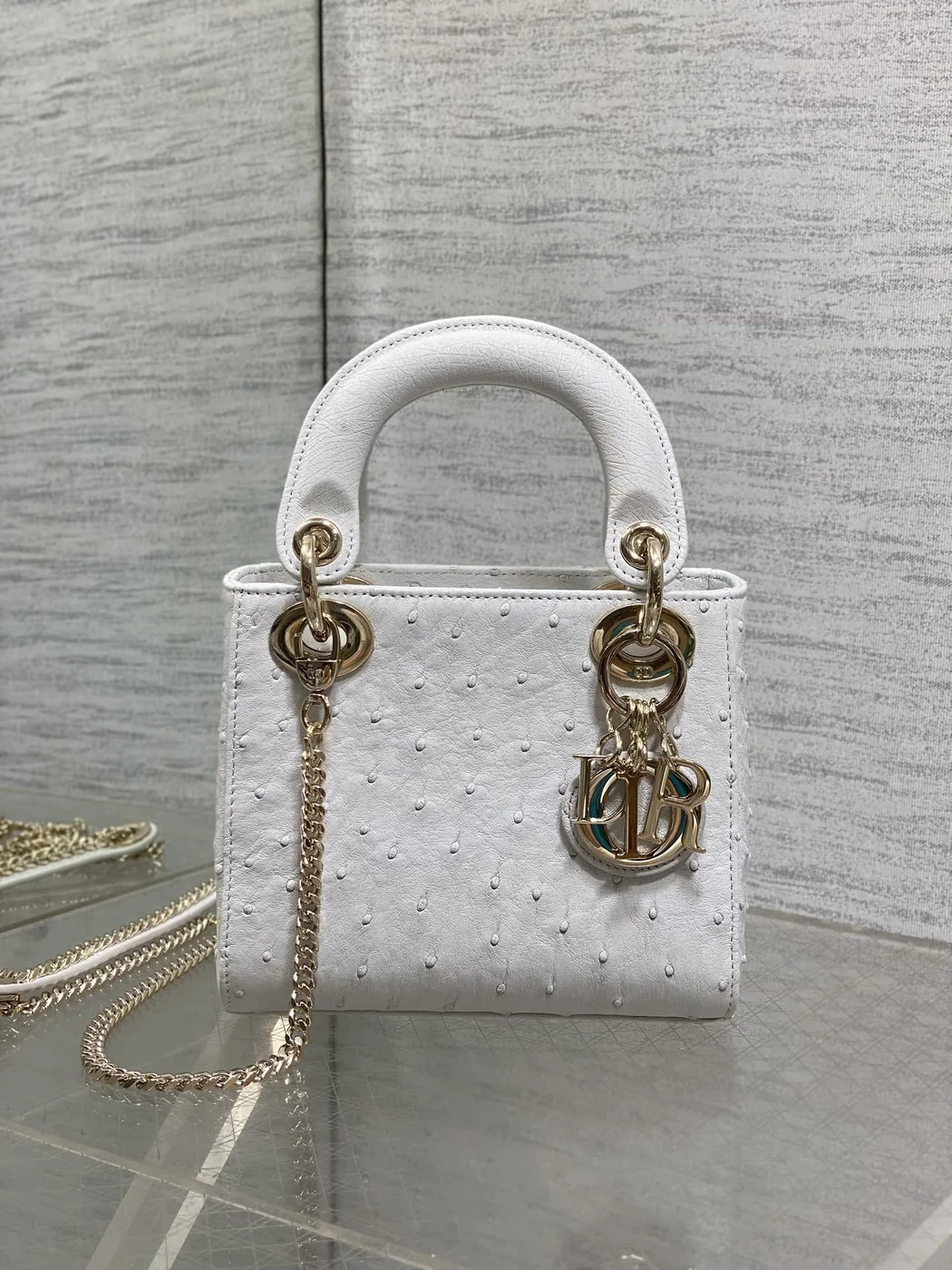 Dior Mini Lady Dior bag in white ostrich leather product view 2