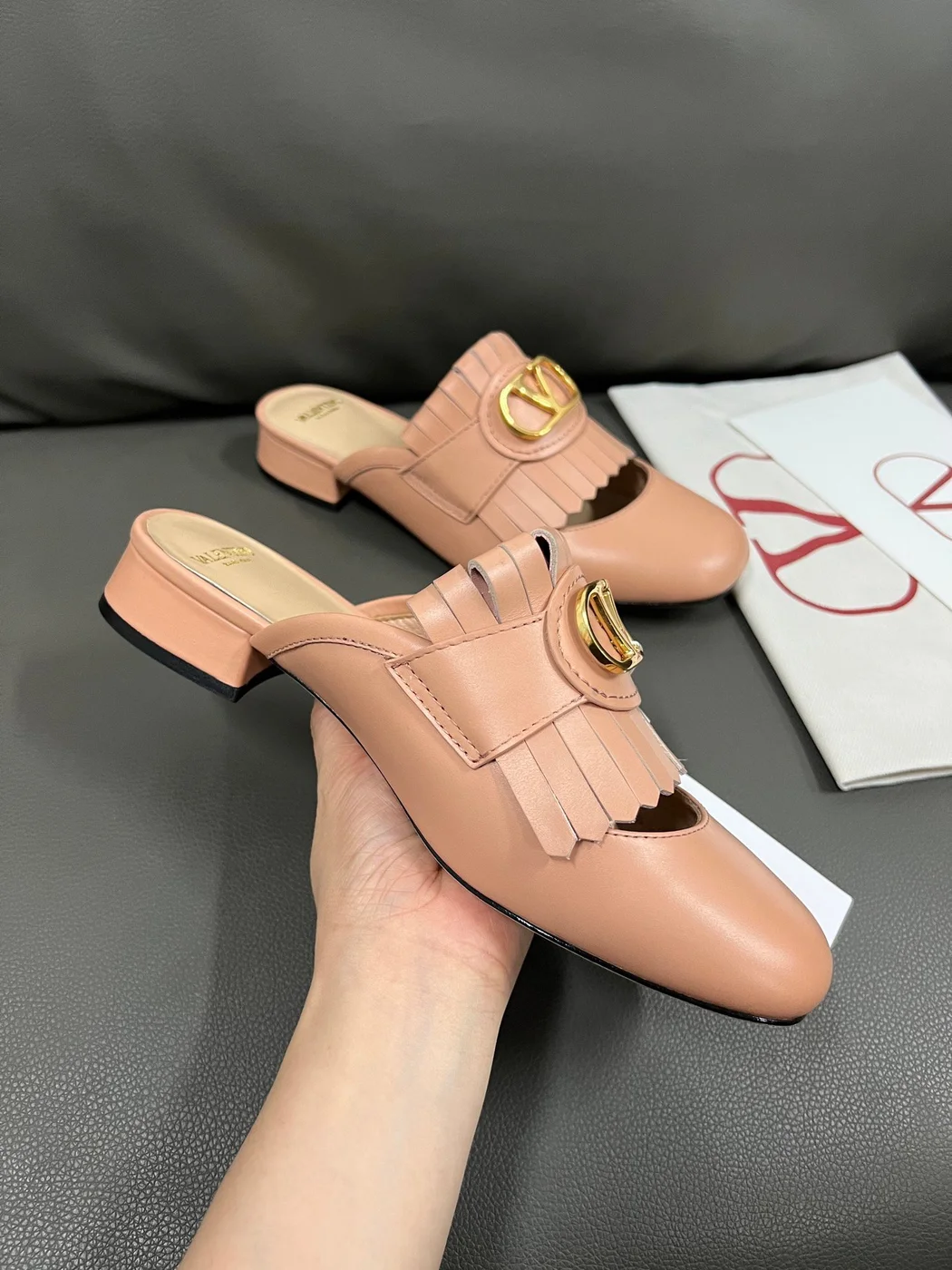 Valentino Women Peach Pink Leather Fringe Mules product view 2