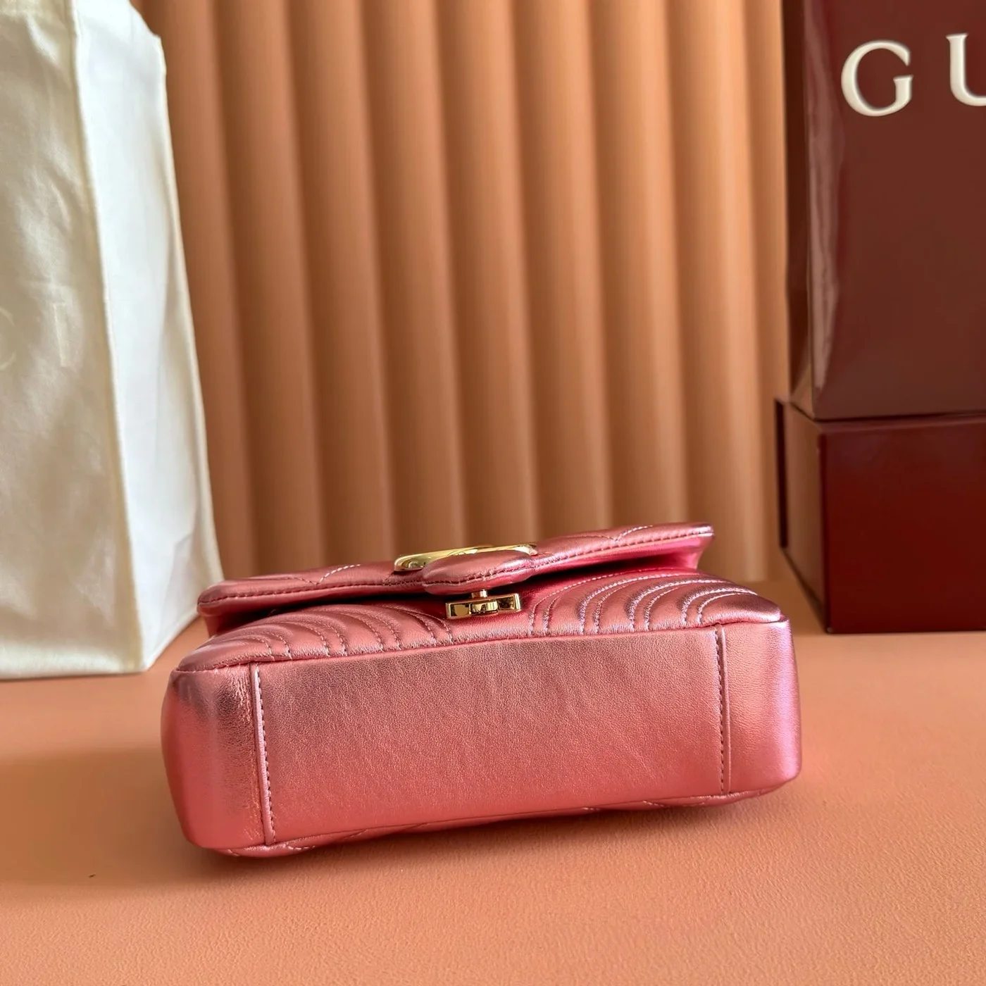 Gucci GG Marmont Bag 22 In Metallic Pink Lambskin product view 3