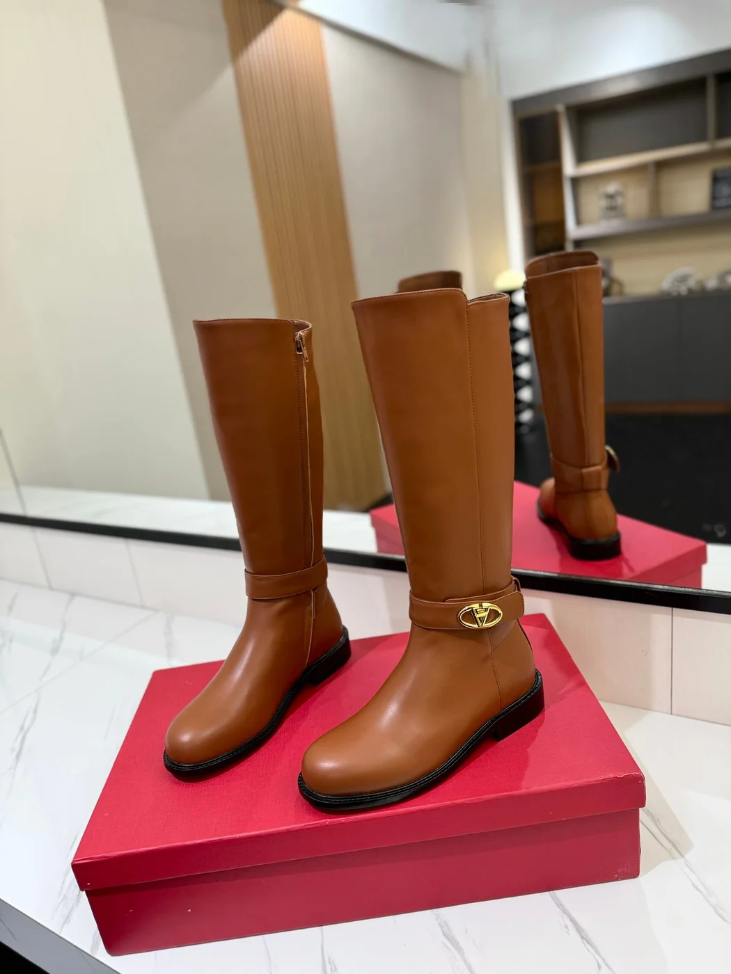 Valentino Women Brown Leather Knee High Boots product view 3