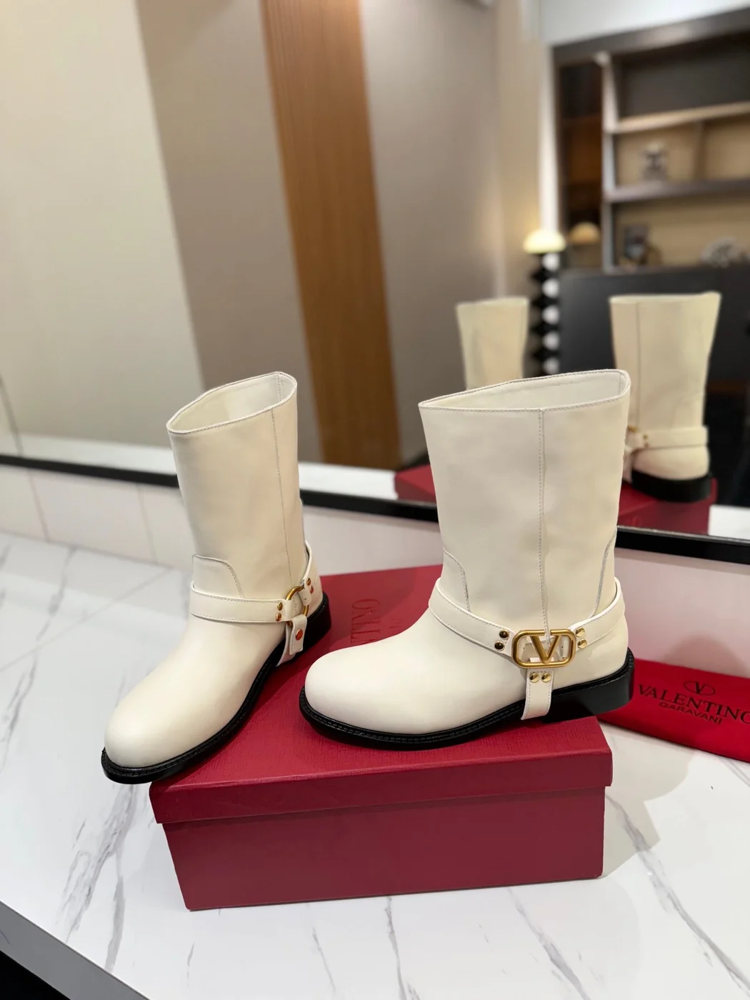 Valentino Women White Leather Mid-Calf Boots product view 6