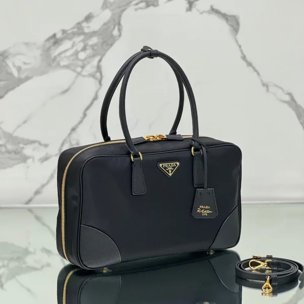 Prada Large Top Handle Bag 35 In Black Nylon And Calfskin Trim product view 2
