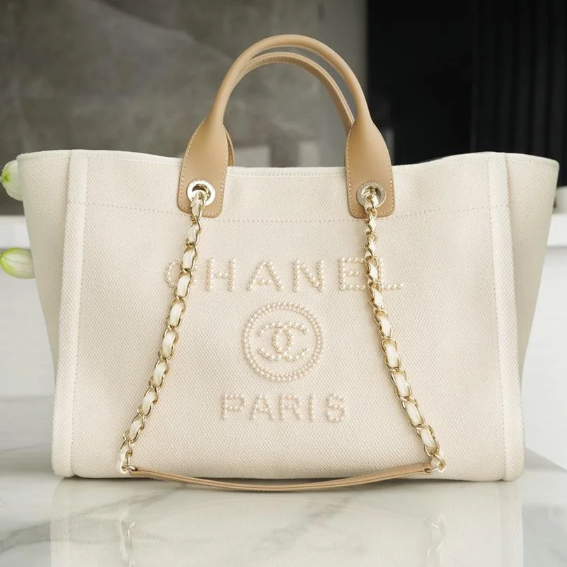 Chanel Tote Bag 39 Attached Pearl Logo In Beige Canvas Gold Hardware product view 1