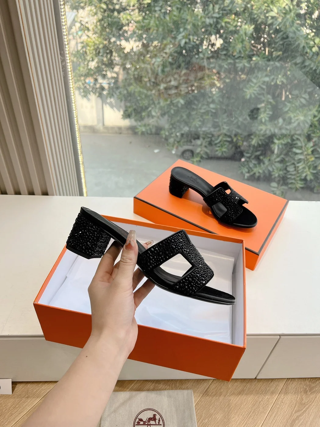 Hermès Women Black Embellished Leather Mules product view 5