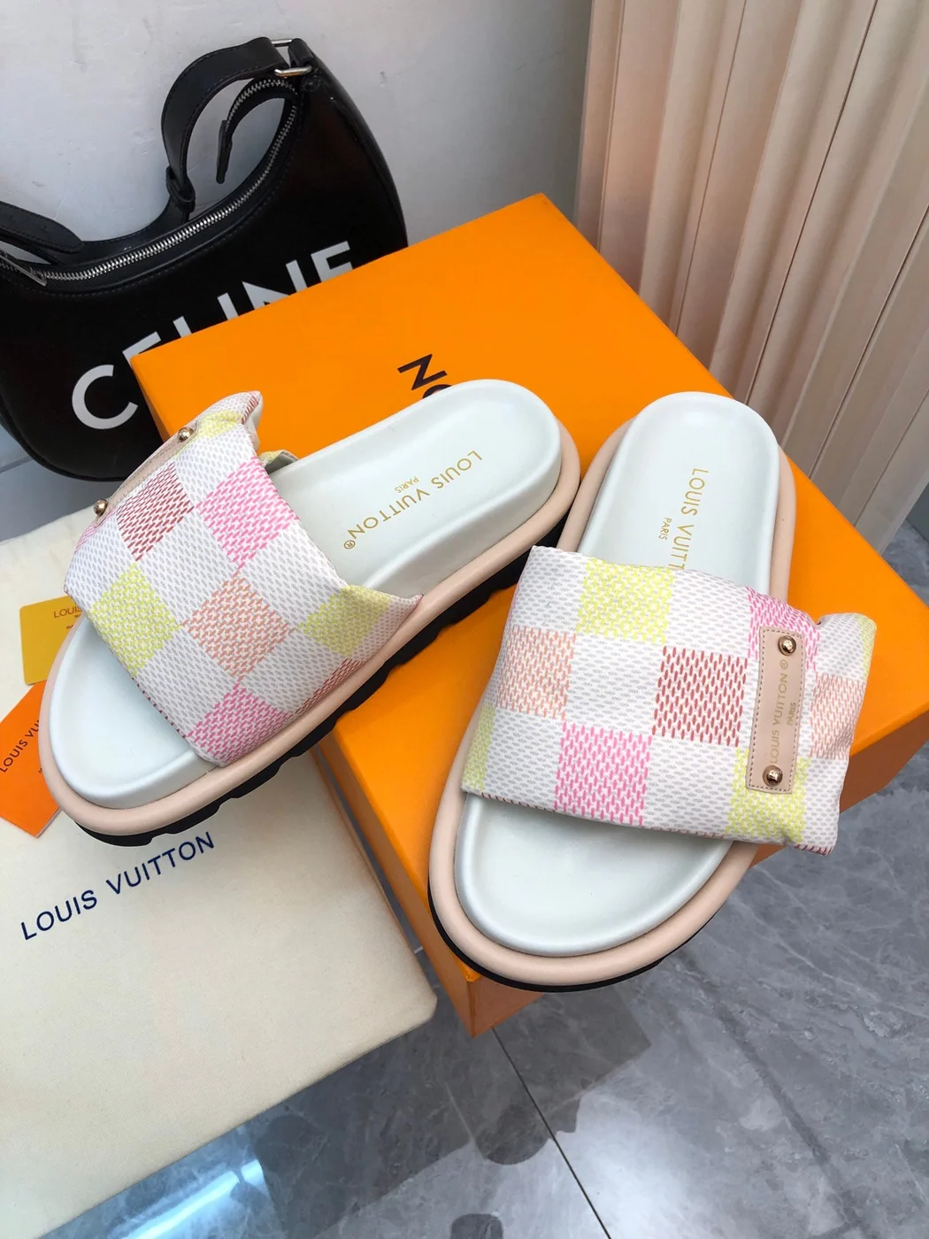 Louis Vuitton Women Pastel Checkered Fabric White Slide Sandals product view 6