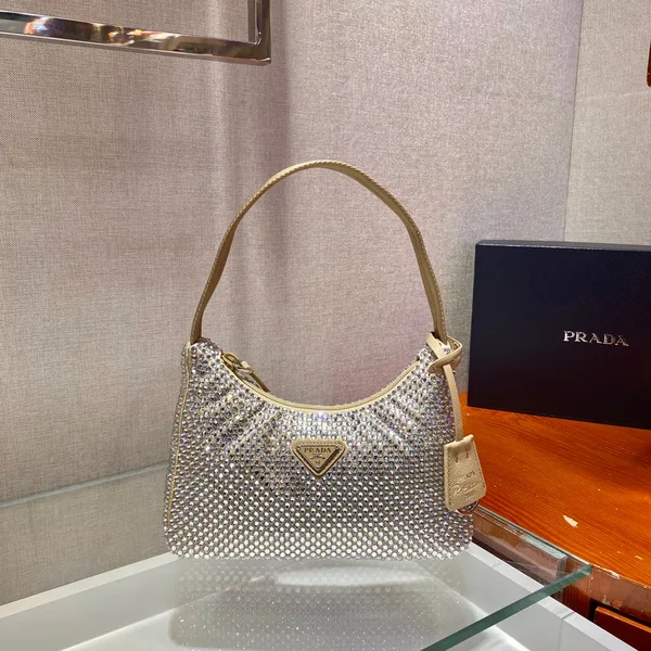 Prada Sparkling Hobo Bag 23 In Beige Nylon Attached Fully Crystals product view 1