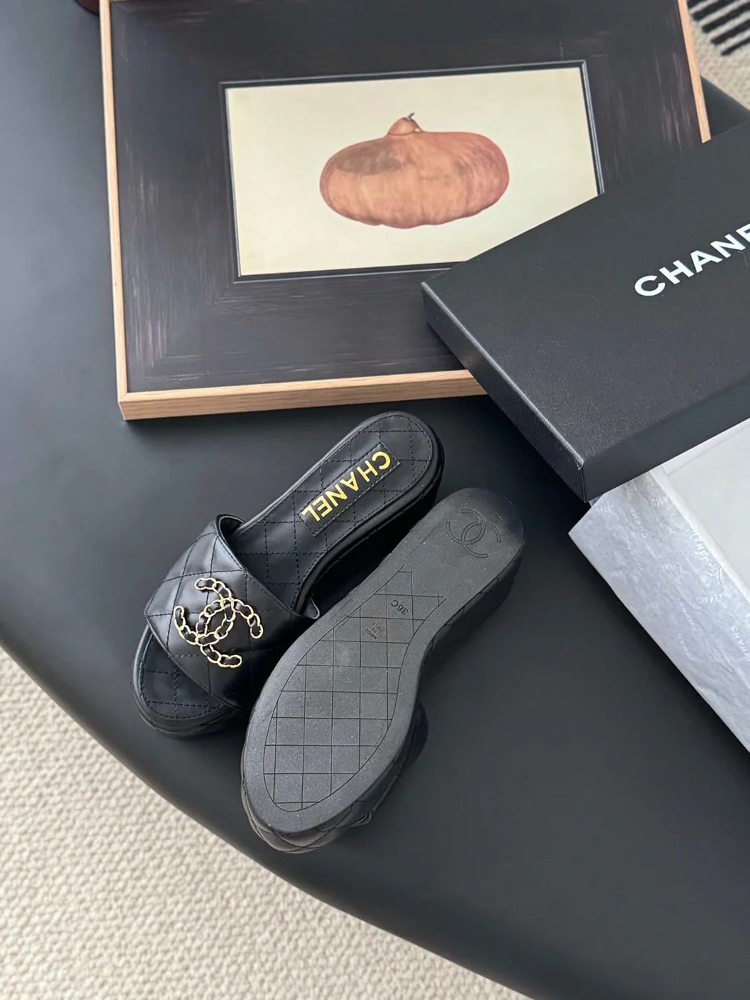 Chanel Women Black Leather Quilted Slides product view 5