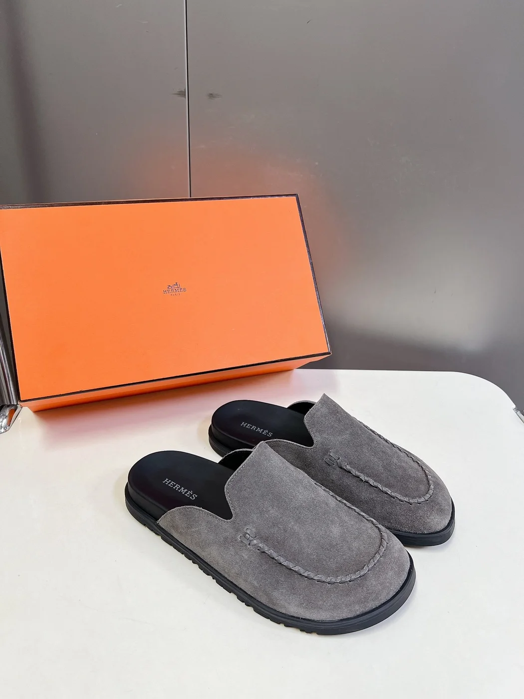 Hermès Women Gray Suede Slip-On Loafers product view 5