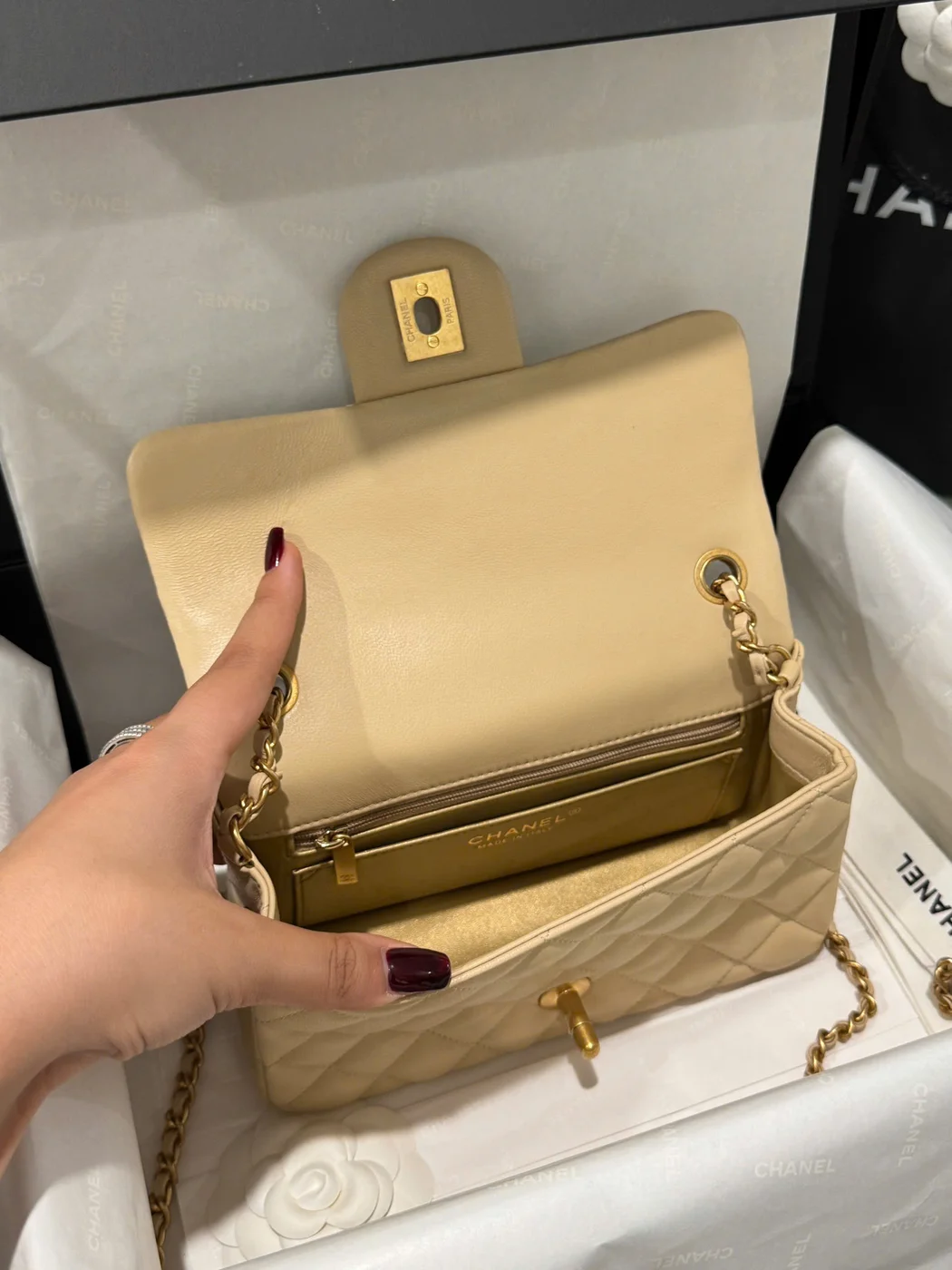 Chanel Classic Bell Bag Handbags Beige Leather Lock Gold 20 cm product view 2