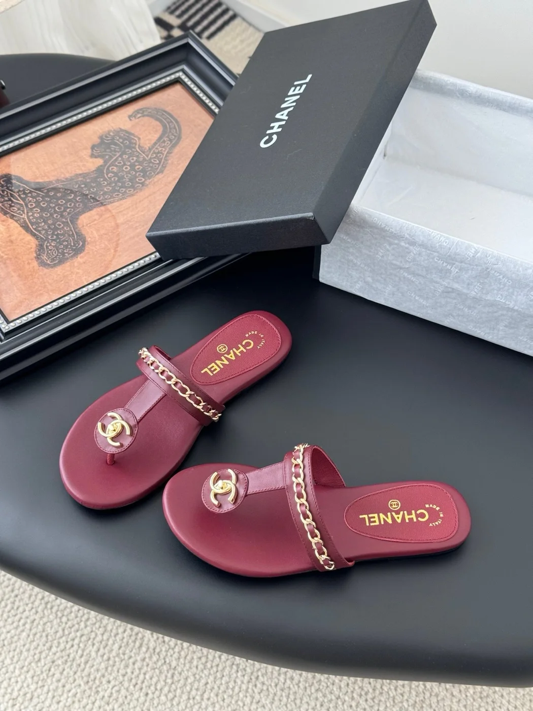 Chanel Women Burgundy Leather Chain Detail Slides product view 6