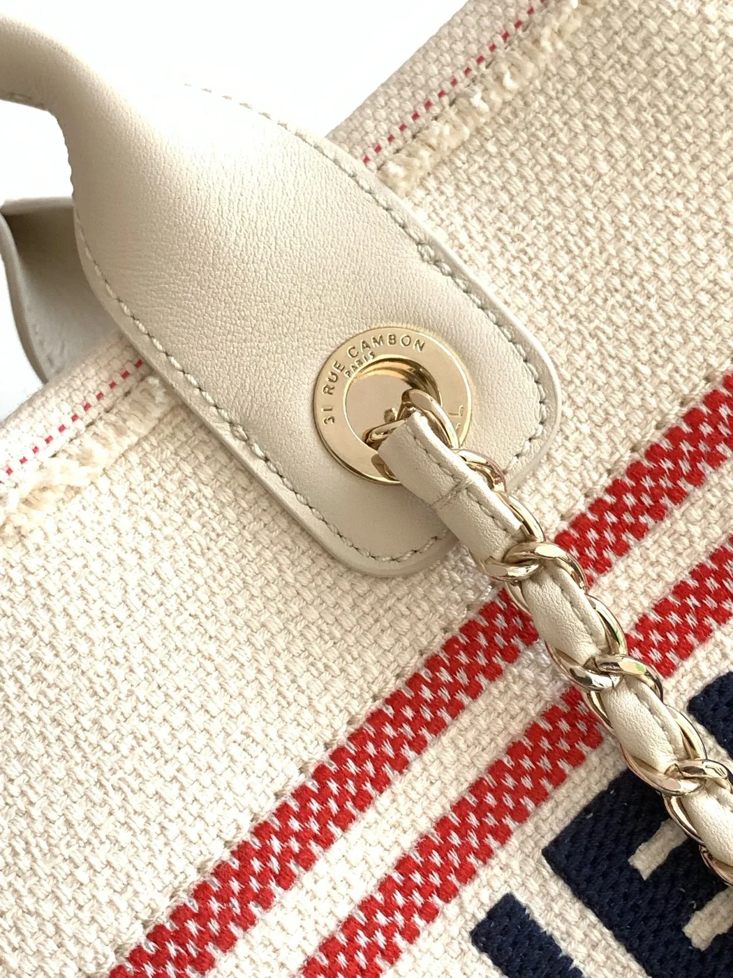 Chanel Shopping Bag 34 In White Red And Navy Blue Canvas product view 9