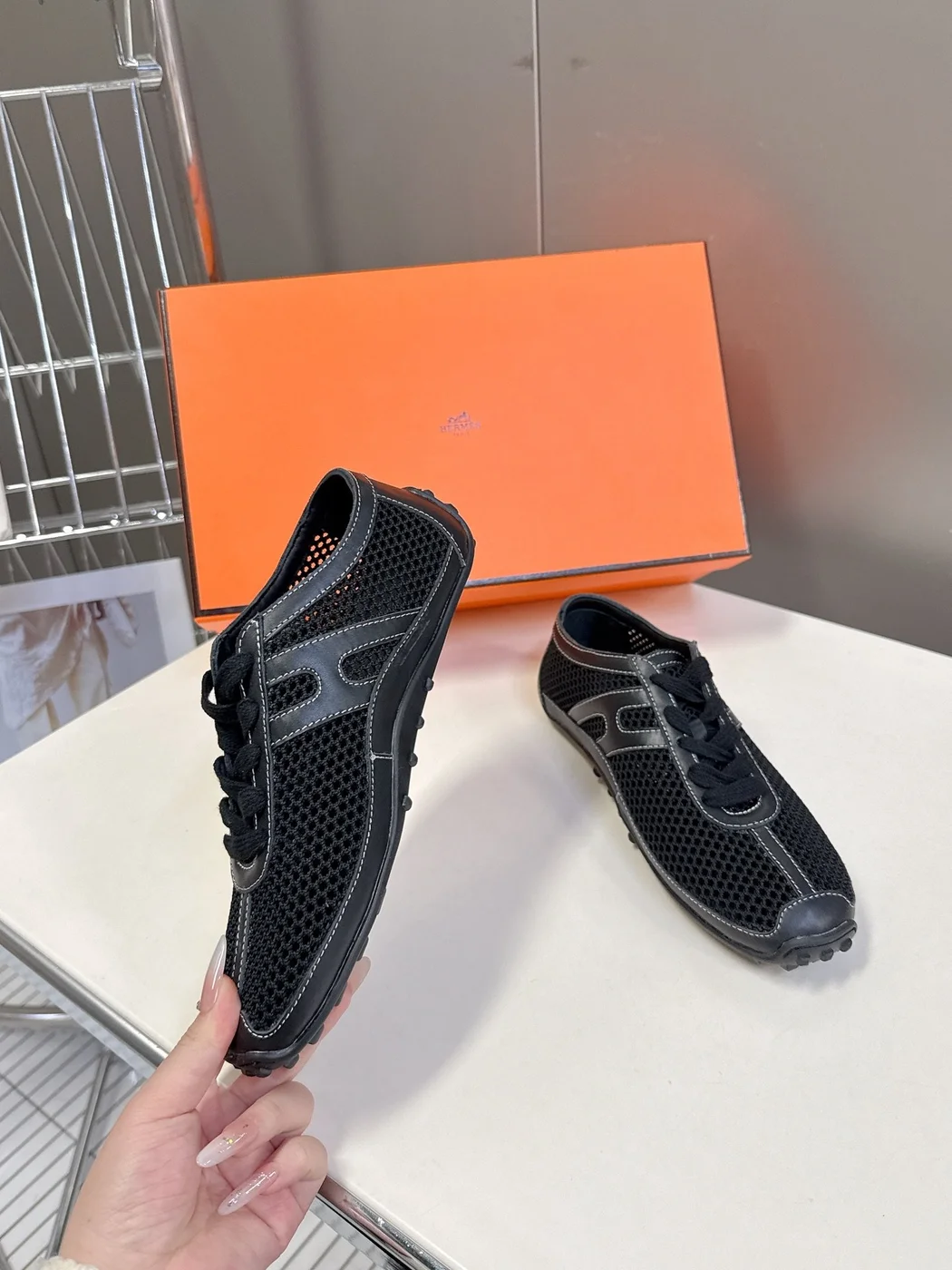 Hermès Women Black Mesh Leather Sneakers product view 5