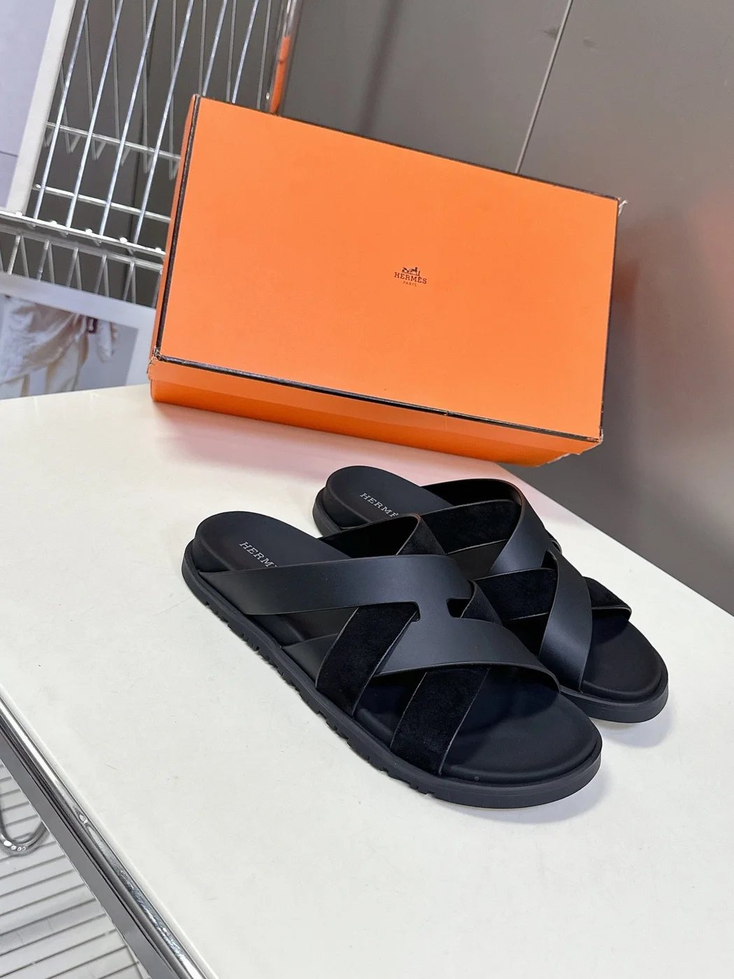 Hermès Women Black Leather Suede Sandals product view 3