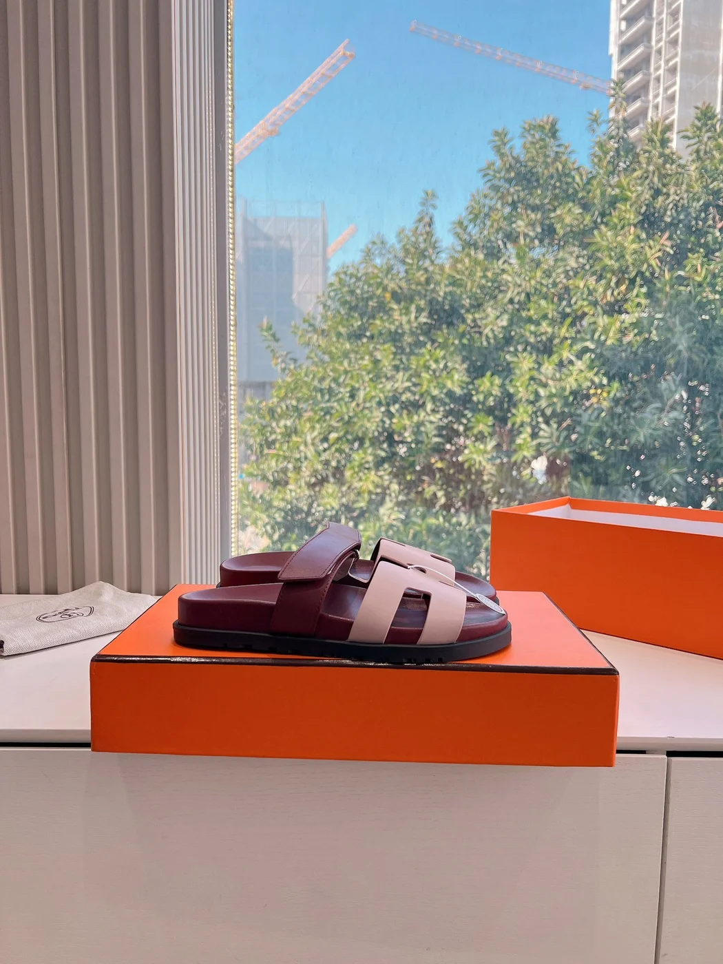 Hermès Women Burgundy Leather Pink Accent Sandals product view 2