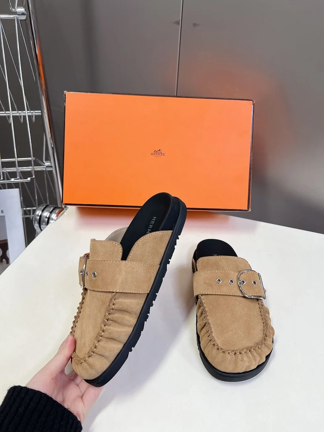 Hermès Women Beige Suede Buckle Mules product view 3