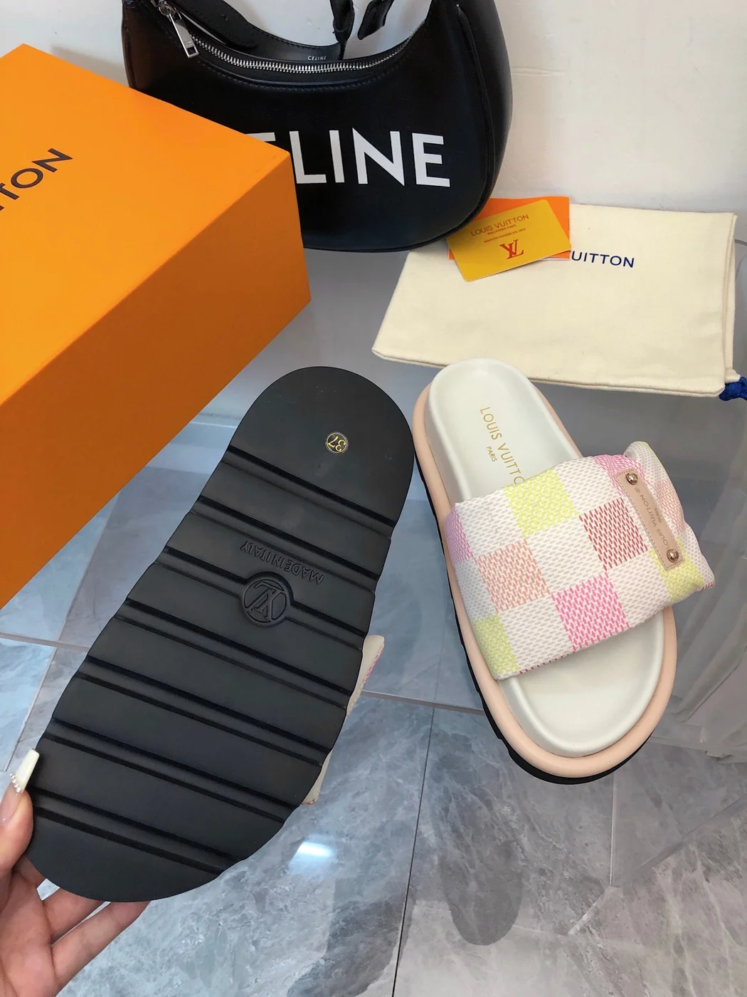 Louis Vuitton Women Pastel Checkered Fabric White Slide Sandals product view 5