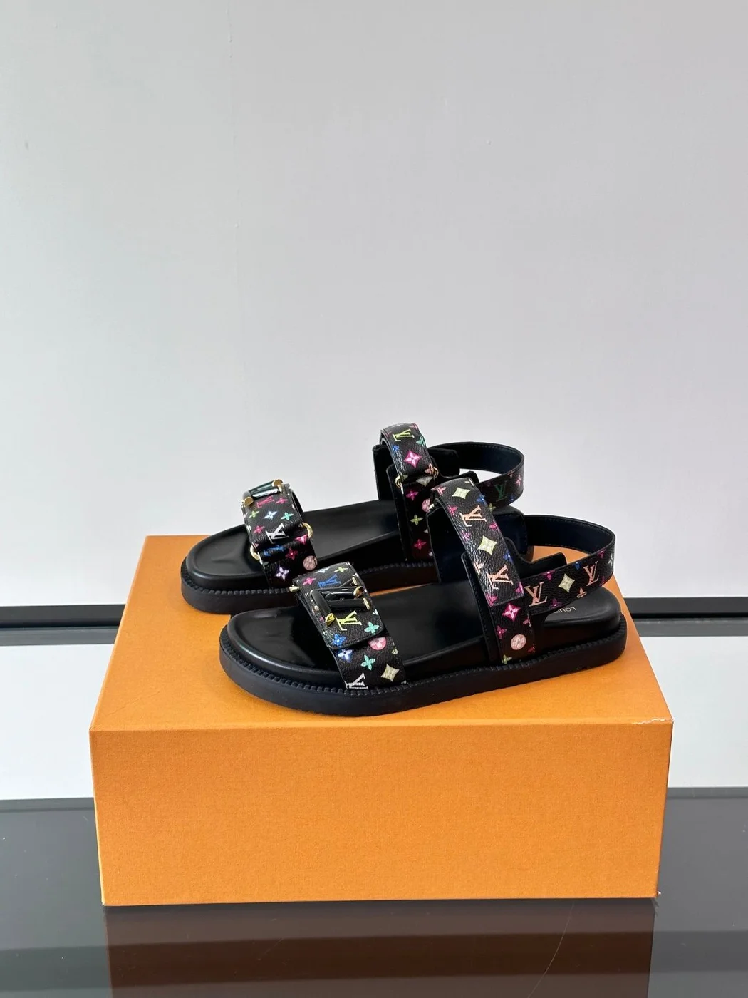 Louis Vuitton Men Black Multicolor Leather Sandals product view 3