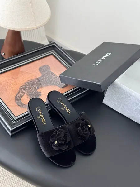 Chanel Women Black Velvet Flower Embellished Slides product view 6