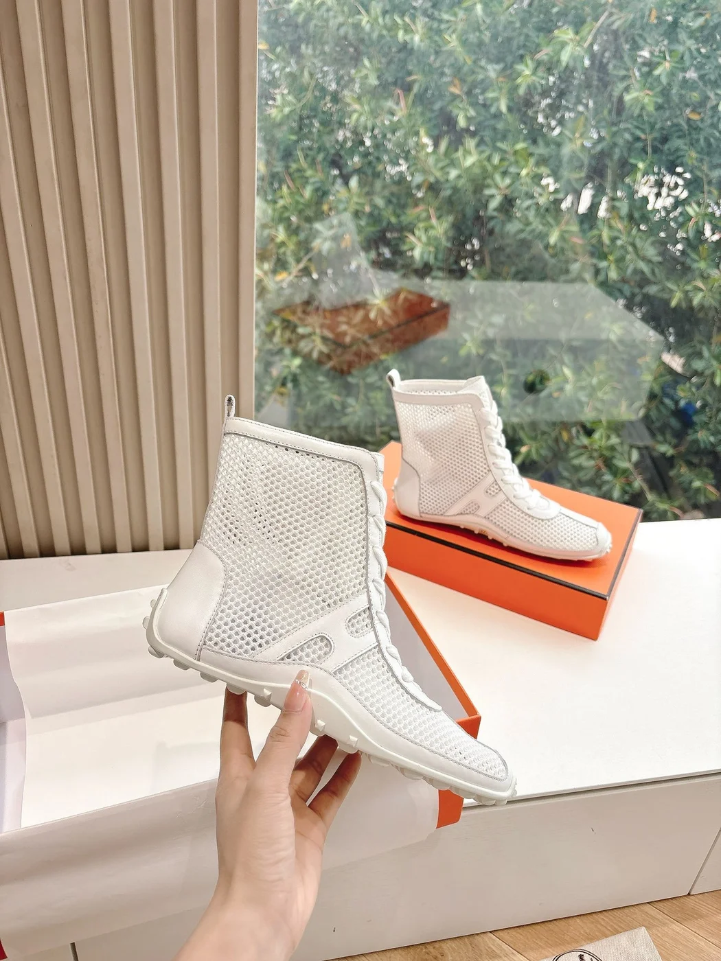 Hermès Women White Mesh Leather Sneakers product view 5