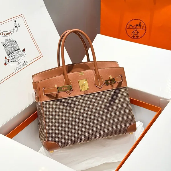 Hermès Birkin 30 cm In Gold Swift And Black/White/Brown Toile Canvas Bag product view 1