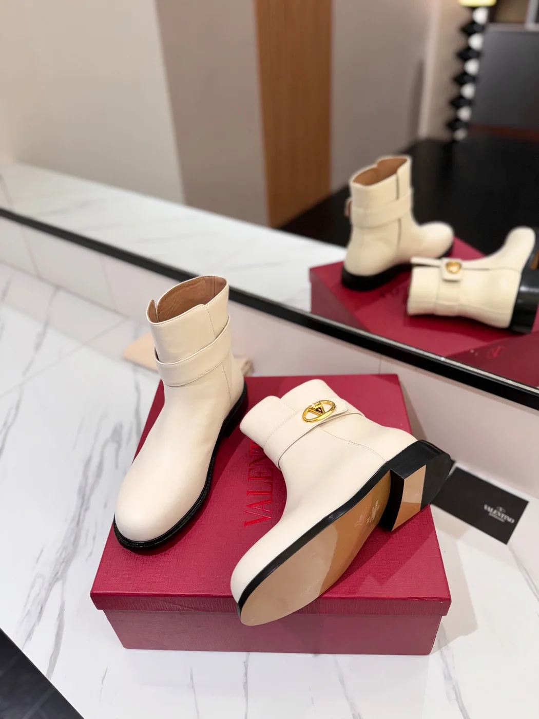 Valentino Women Ivory Leather Ankle Boots product view 2