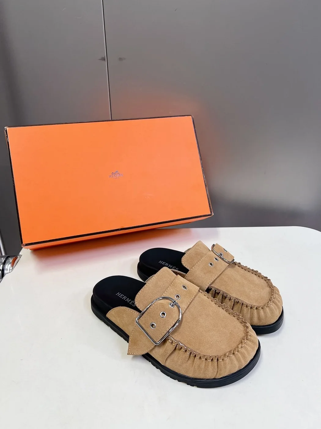 Hermès Women Beige Suede Buckle Mules product view 5