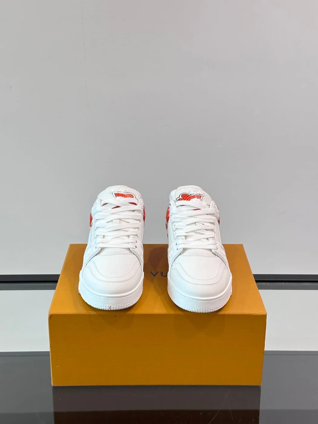 Louis Vuitton Men White Leather Sneakers With Red Floral Design product view 2