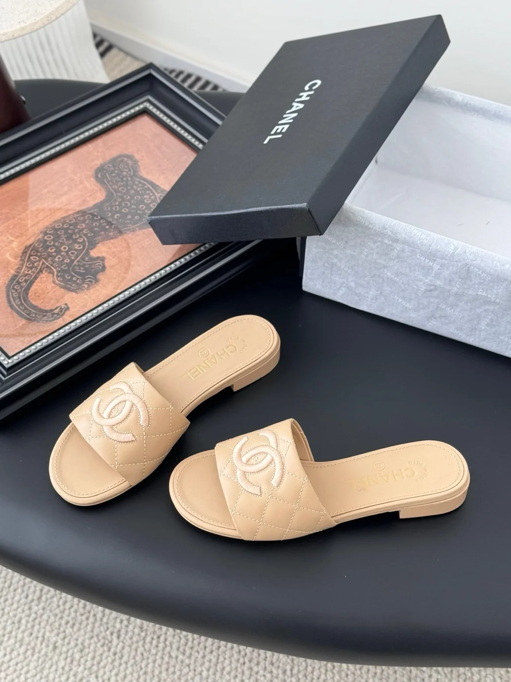 Chanel Women Beige Quilted Leather Slides product view 2