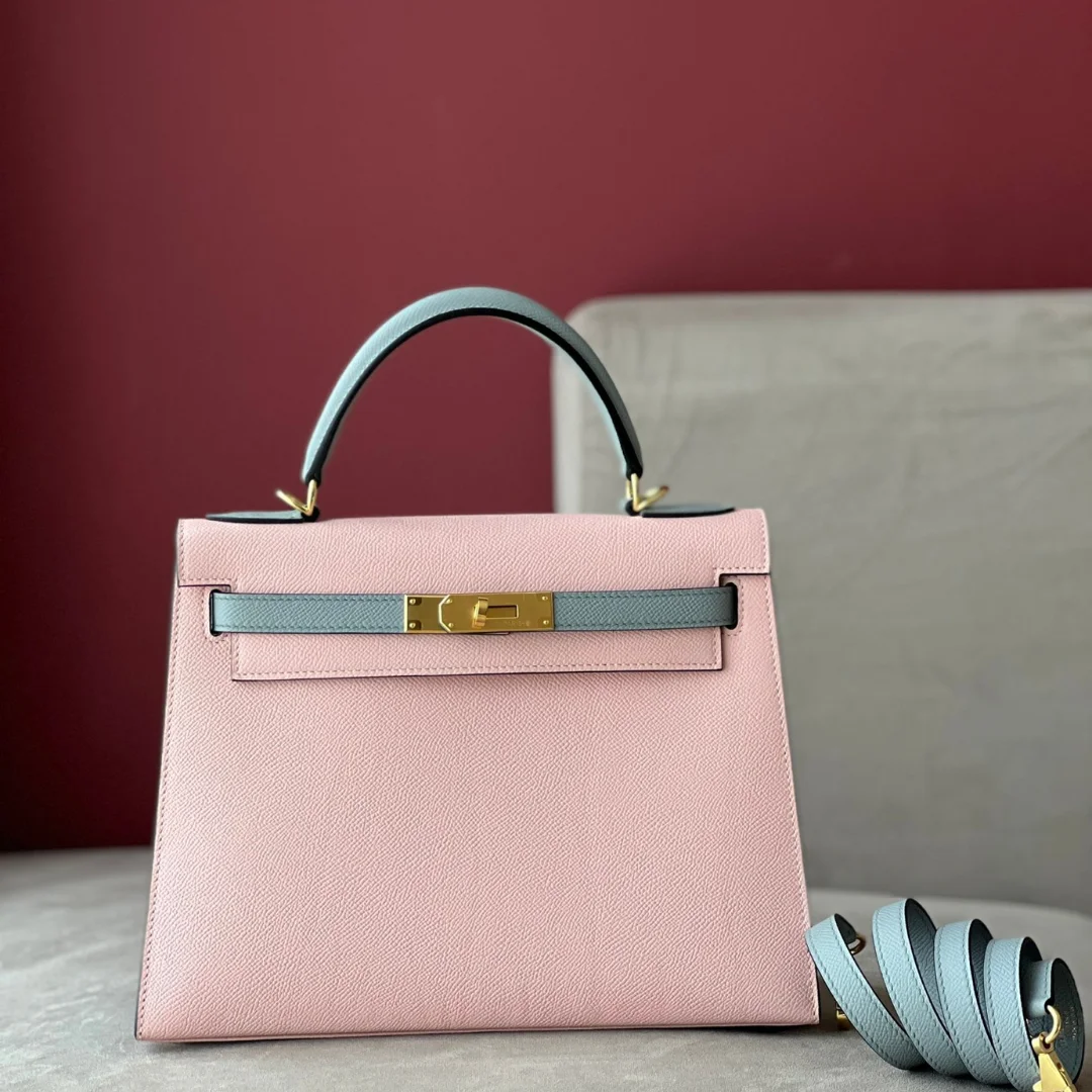 Hermès Kelly 25 Rose Sakura  Gris Perle Chèvre Epsom Leather Gold Hardware Bag product view 1