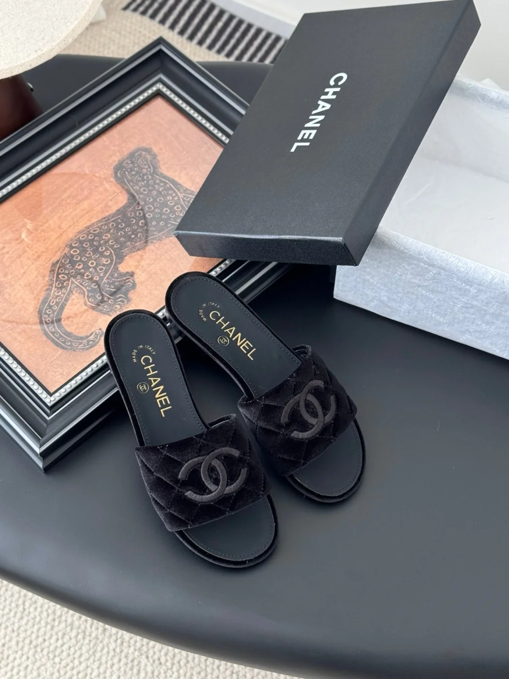 Chanel Women Black Velvet Quilted Slides product view 6