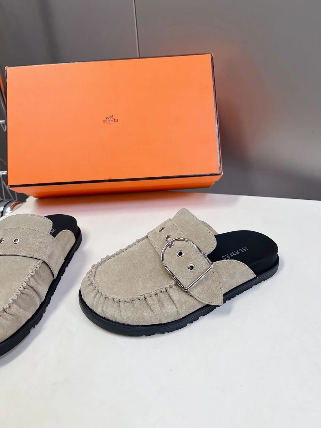 Hermès Women Beige Suede Buckle Mules product view 4
