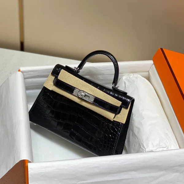 Hermès Mini Kelly In Black Crocodile Skin Silver Hardware Bag product view 1
