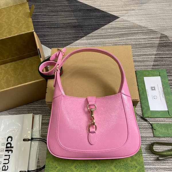 Gucci Jackie Small Shoulder Bag 27 In Pink Cracked Lacquer Calfskin Gold Hardware product view 1