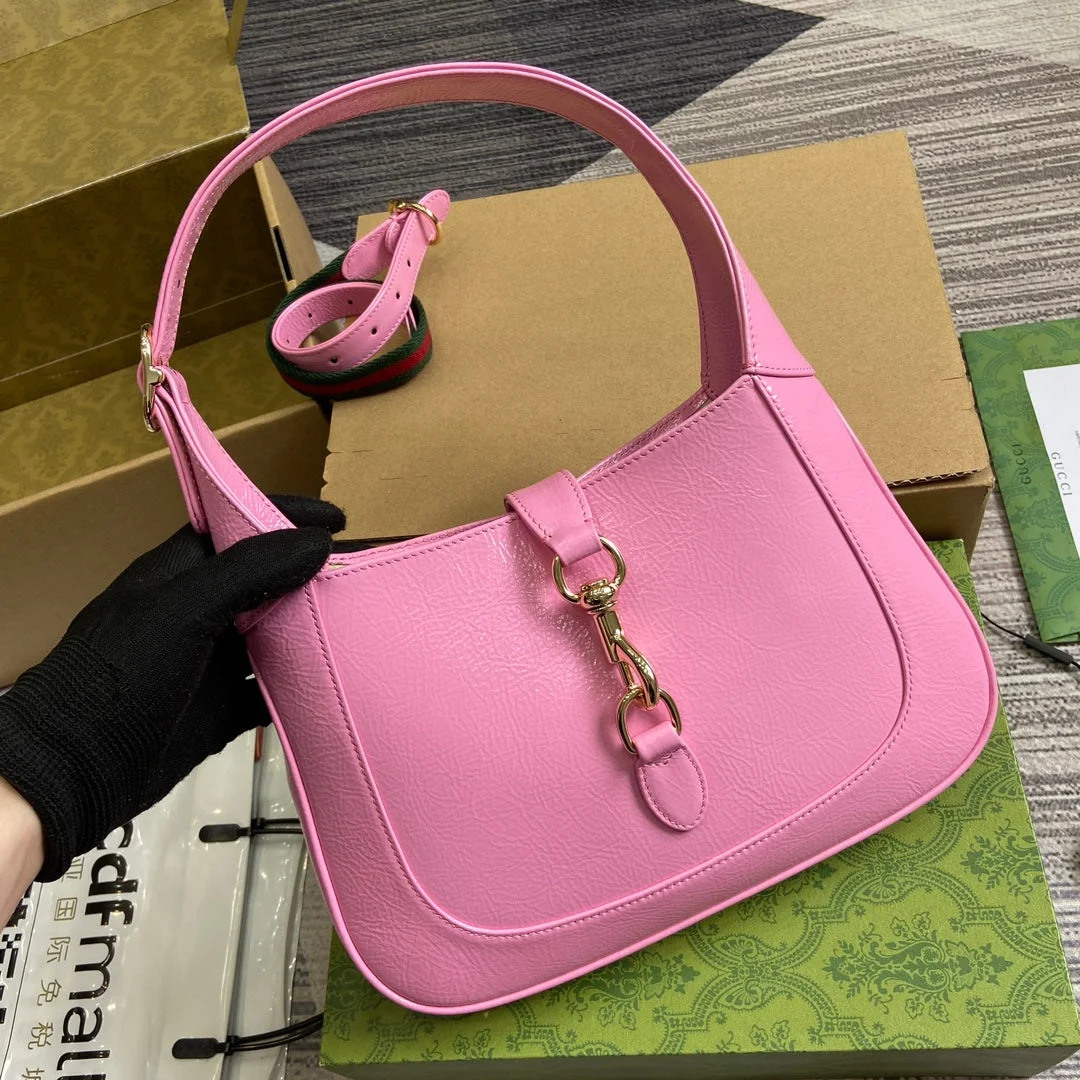 Gucci Jackie Small Shoulder Bag 27 In Pink Cracked Lacquer Calfskin Gold Hardware product view 5