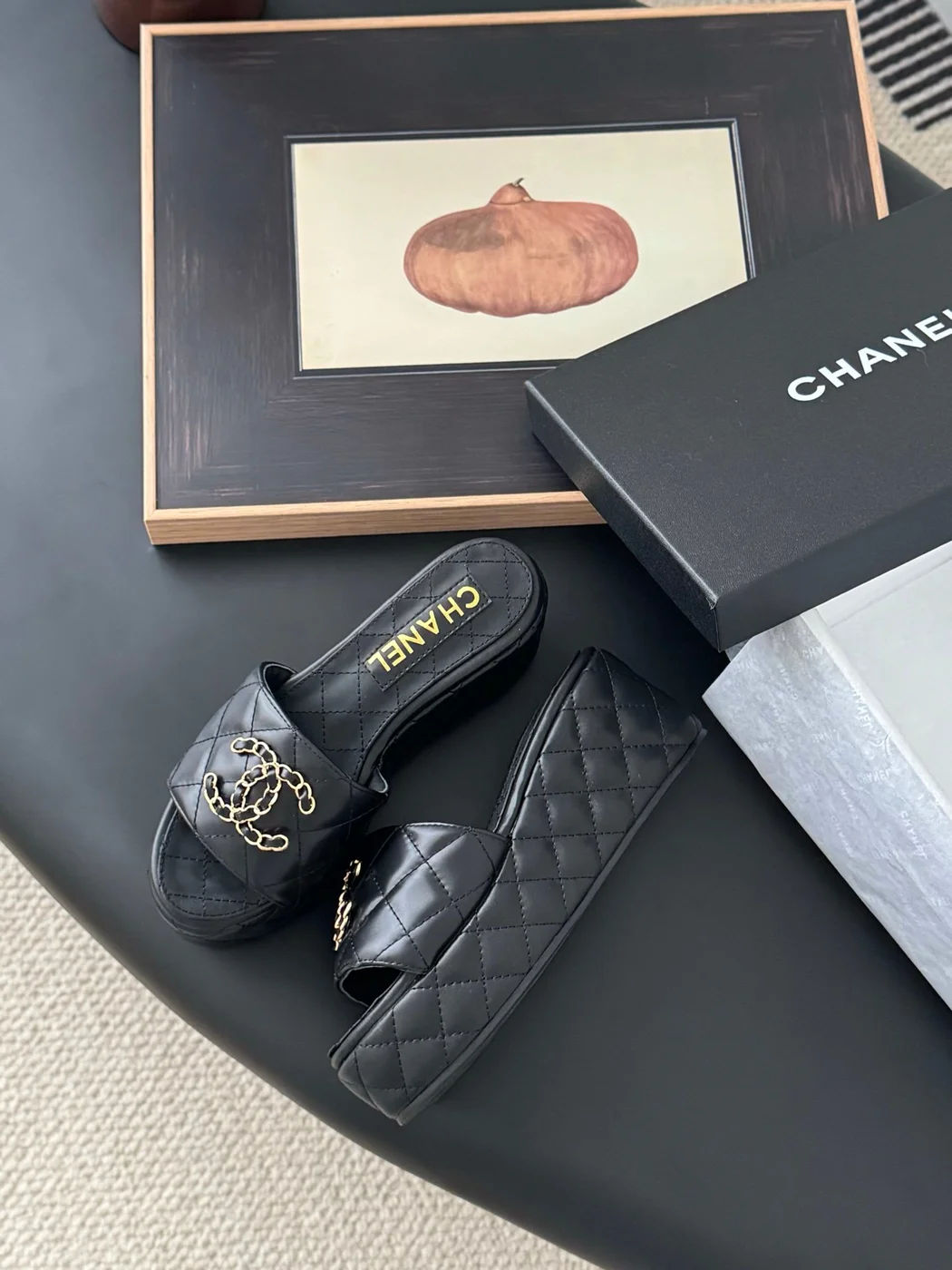 Chanel Women Black Leather Quilted Slides product view 4