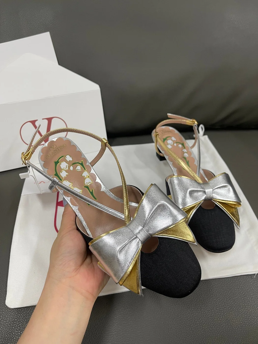 Valentino Women Black Satin Silver Gold Leather Heels product view 5