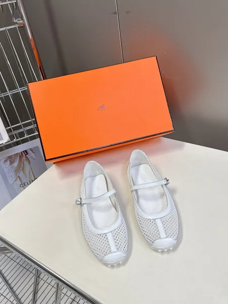 Hermès Women White Mesh Leather Mary Jane Flats product view 1