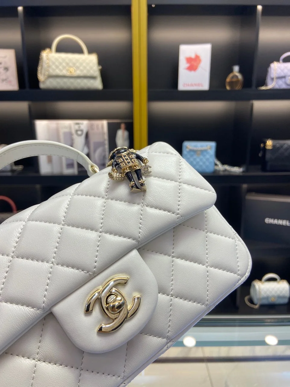 Chanel Handle Charm Handbags Lock Gold Demi White 20x12cm product view 4