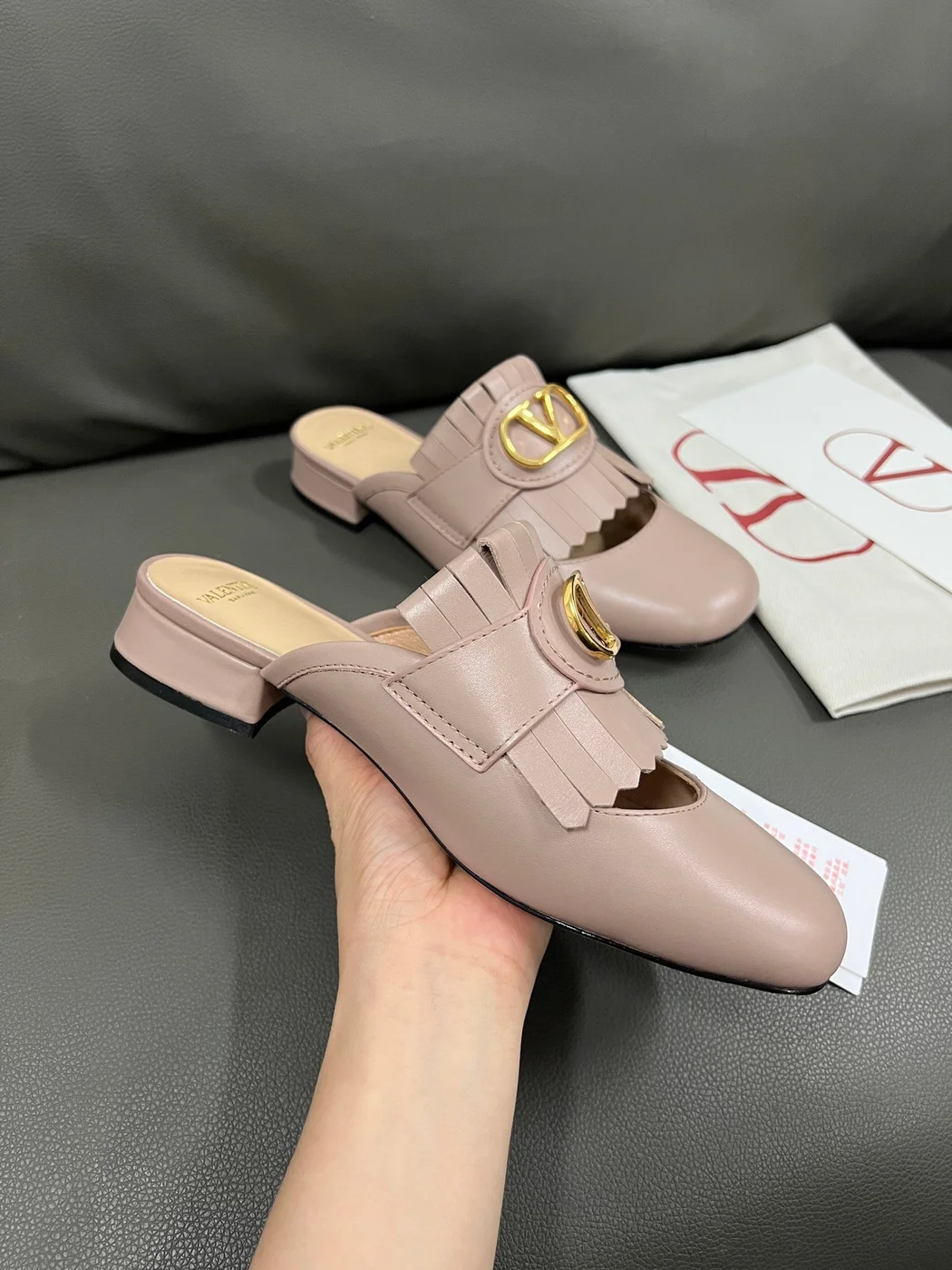 Valentino Women Blush Pink Leather Fringe Mules product view 6