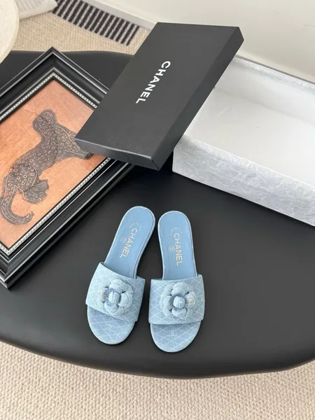 Chanel Women Light Blue Fabric Slides product view 1