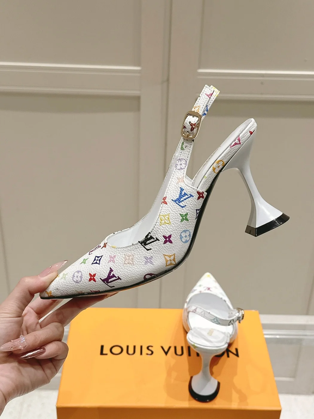 Louis Vuitton Women White Leather Multicolor Logo Heels product view 6