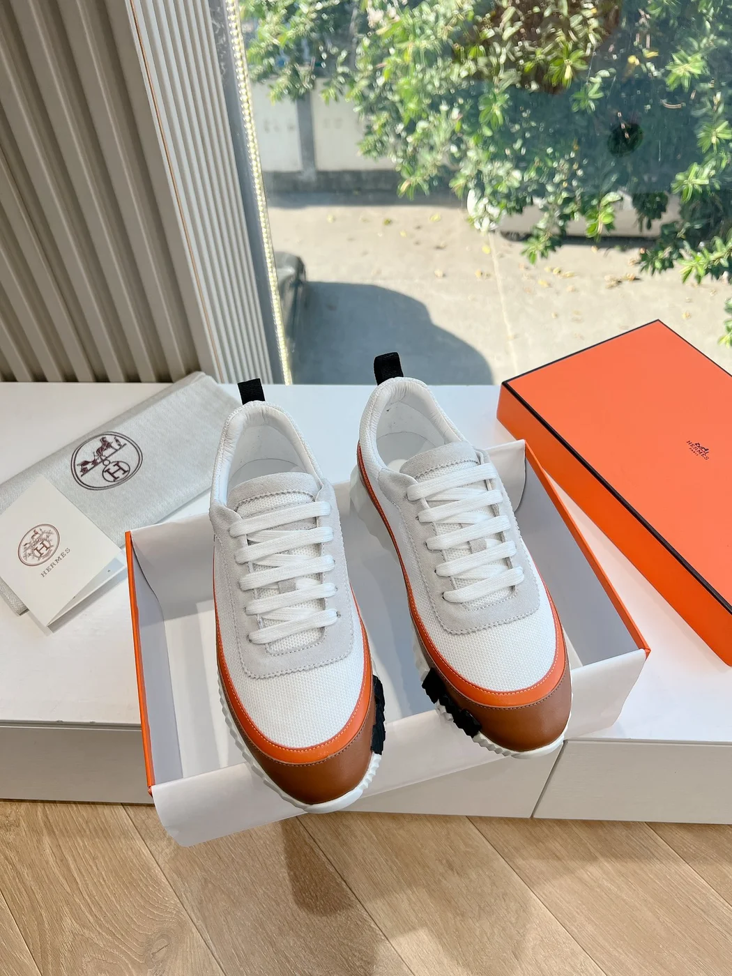 Hermès Women White Brown Leather Mesh Sneakers product view 3