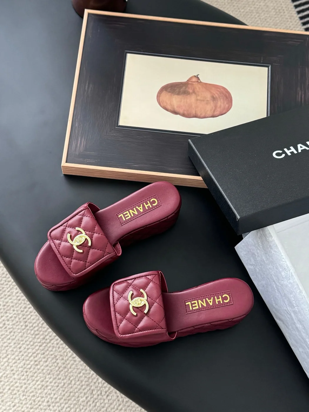 Chanel Women Burgundy Quilted Leather Slides product view 6