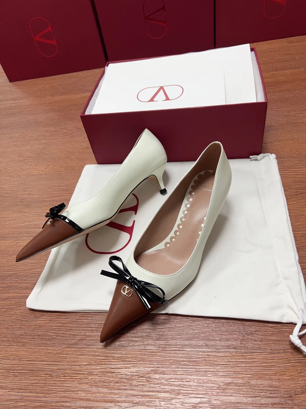Valentino Women Ivory Leather Brown Patent Heels product view 3