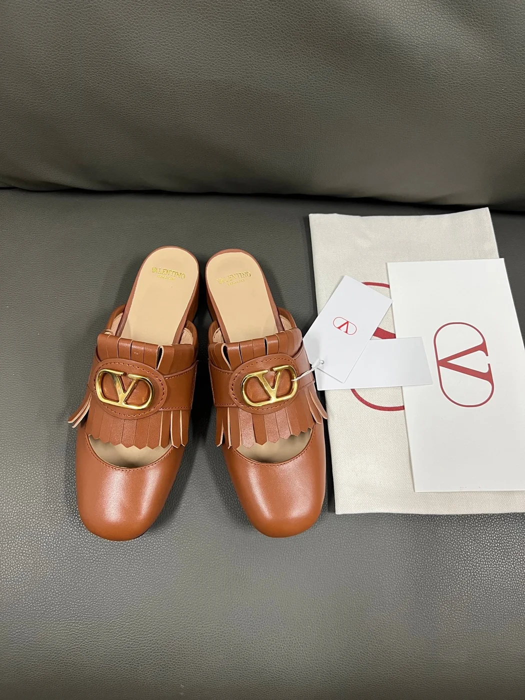 Valentino Women Brown Leather Fringe Mules product view 4